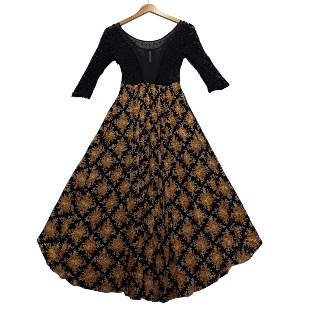 Free People Lonesome Dove High Low Floral Lace Black Yellow Boho Dress Size 0 - Picture 3 of 8